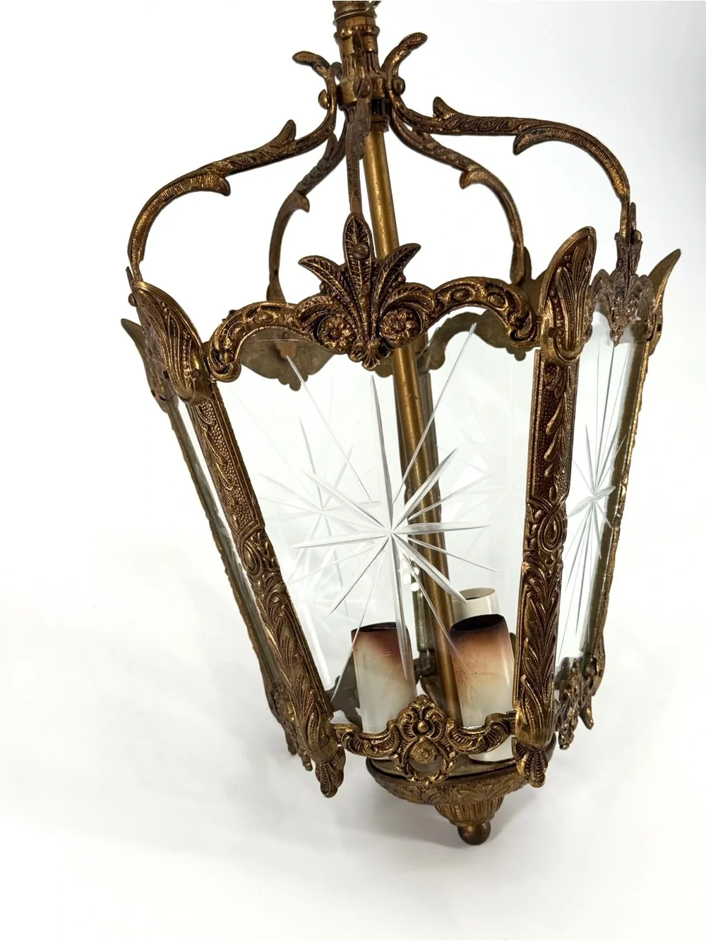Antique French Rococo Style Brass Birdcage Lantern Pendant Light